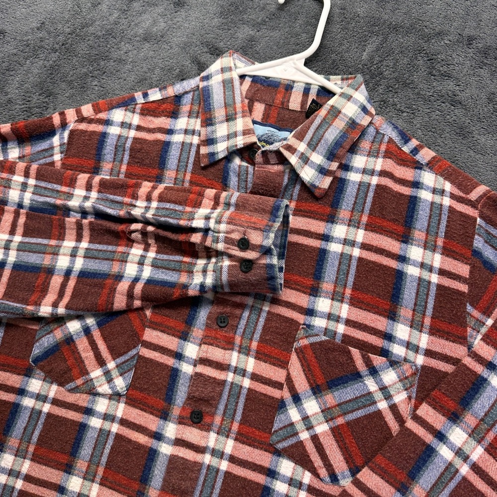 Fieldmaster Flannel Shirt Mens Large Burgundy Blue Plaid Long Sleeve Button Down